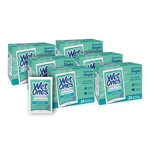 Wet Ones Hand and Face Wipes Singles, ?Unscented Wipes for Sensitive Skin | Individual Wipes, Hand Wipes Individually Wrapped?| 24 ct. (6 pack)