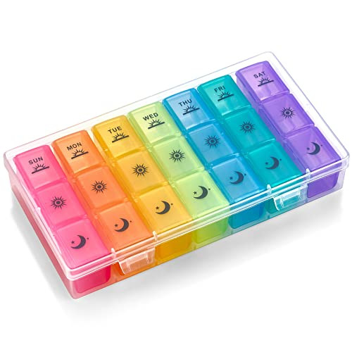 Weekly Pill Organizer Case  3-Times-a-Day Pill Box - Large Plastic Dispenser with 7-Daily Morning Noon & Night Compartments for Pills, Supplements,