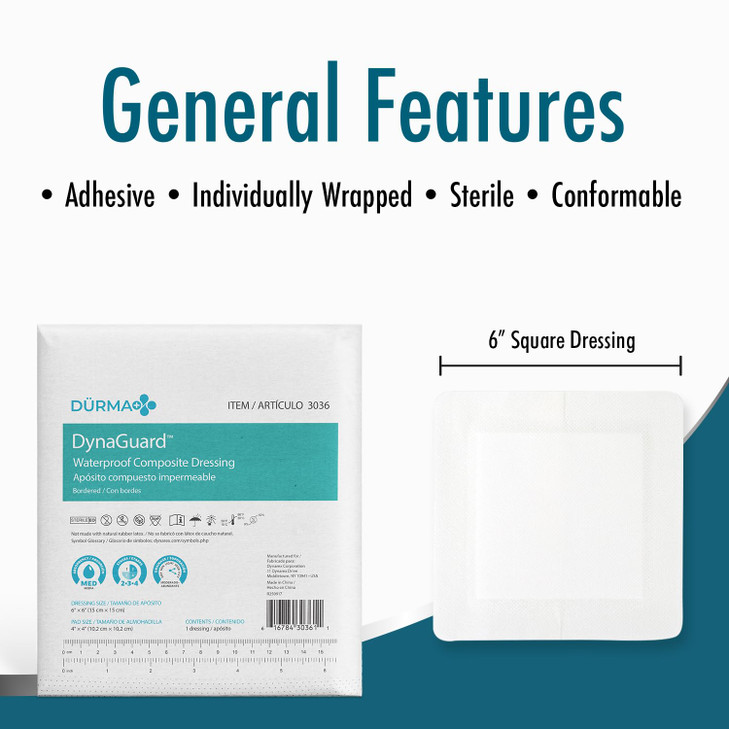 Dynarex DynaGuard Waterproof Dressings, Sterile, Four-Layer Composite Dressing, Protects and Offers Optimal Moist-Environment, Bordered - 6" x 6", 1