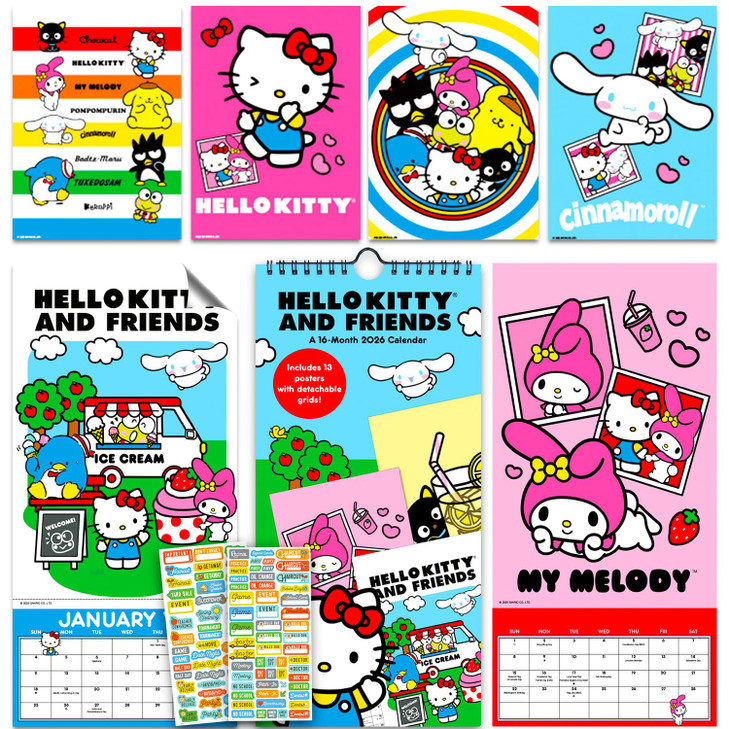 Hello Kitty and Friends Calendar 2026 - Deluxe My Melody Mini Poster Calendar Bundle with 100+ Reminder Stickers | Sanrio Gifts, Office Supplies