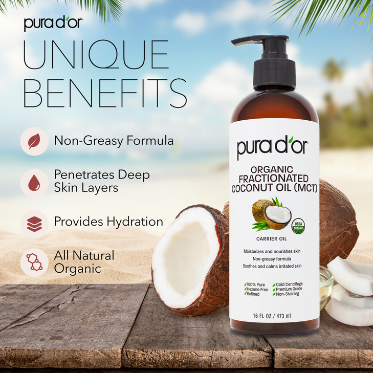 PURA D'OR 16 Oz ORGANIC Fractionated Coconut Oil  USDA Certified  MCT Oil  Therapeutic, Hydrating, Lightweight Moisturizer  Hexane Free Carrier O