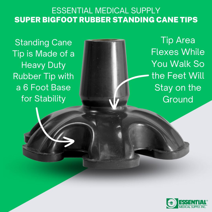Essential Medical Supply Super Big Foot Self Standing Replacement Cane Tip in Black - Flexible Rubber Tip for Walking Sticks, Folding and Quad Canes