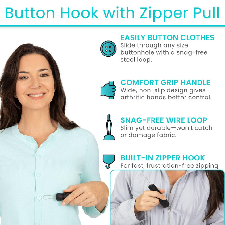 Vive Button Hook with Zipper Pull - Dressing Helper Assist Tool for Arthritis - One Hand Shirt & Coat Buttoning Aid, Disability, Handicapped, Seniors