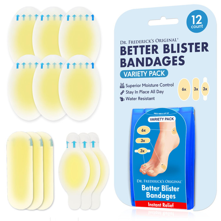 Dr. Frederick's Original Better Blister Bandages - 12ct - Water Resistant - 40% More Cushioning - Hydrocolloid Bandages for Foot, Toe, & Heel - Blist
