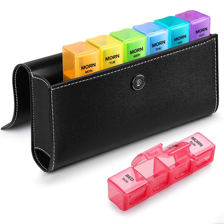 Sukuos Weekly Pill Organizer 4 Times a Day with PU Leather Case, Large 7 Day Pill Box (Morning Noon Eve Bed), Daily Pill Case for Vitamin/Fish Oil/Su