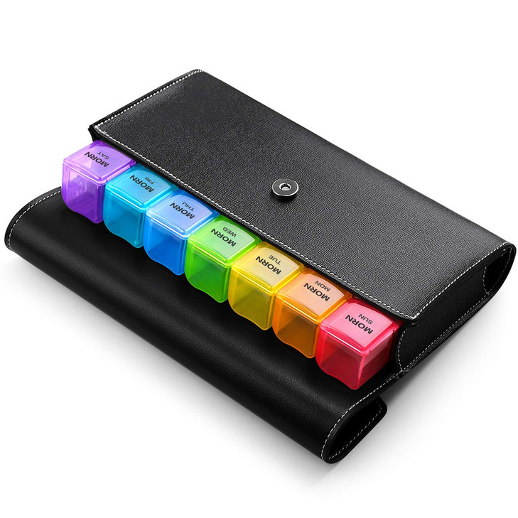 Sukuos Weekly Pill Organizer 4 Times a Day with PU Leather Case, Large 7 Day Pill Box (Morning Noon Eve Bed), Daily Pill Case for Vitamin/Fish Oil/Su