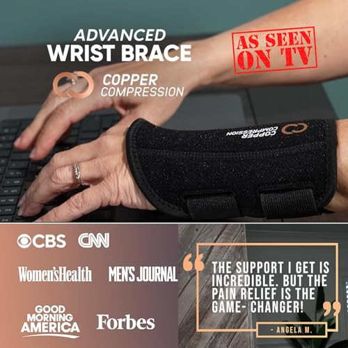 Copper Compression Advanced Wrist Brace - Copper Infused Adjustable Orthopedic Support Splint for Pain, Carpal Tunnel, Arthritis, Tennis Elbow, Tendi