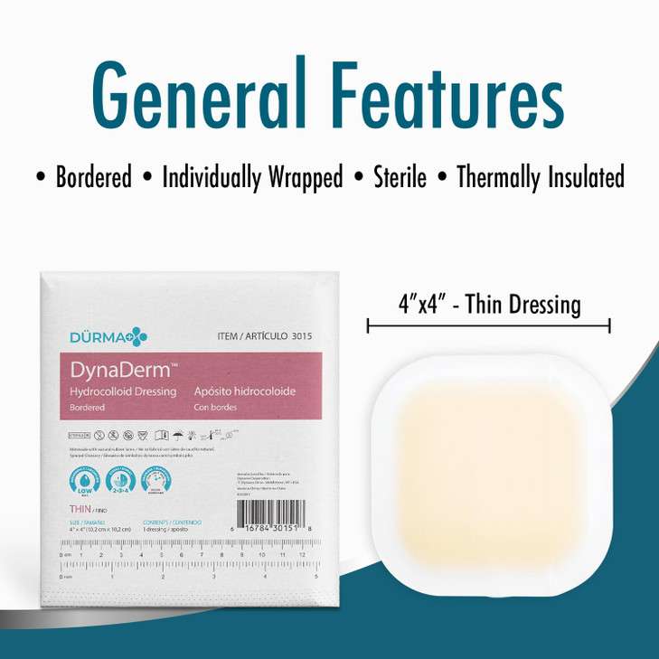 Dynarex DynaDerm Hydrocolloid Dressings, Sterile Moist Bandages Used for All Kinds of Wounds, 4" x 4", Thin & Latex-Free, Peel-Down Patches - 1 Box o
