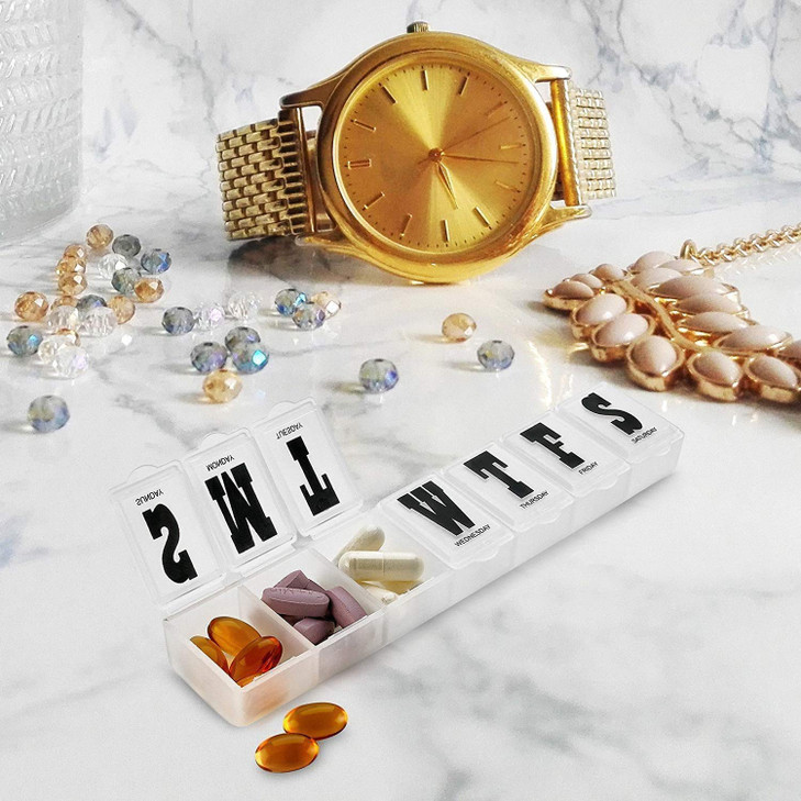 Pill Organizers - Pack of 4 Bold Letter Weekly Pill Planners for 28 Days Total to Separate Supplements, Fish Oils & Vitamins Daily Medication Reminde