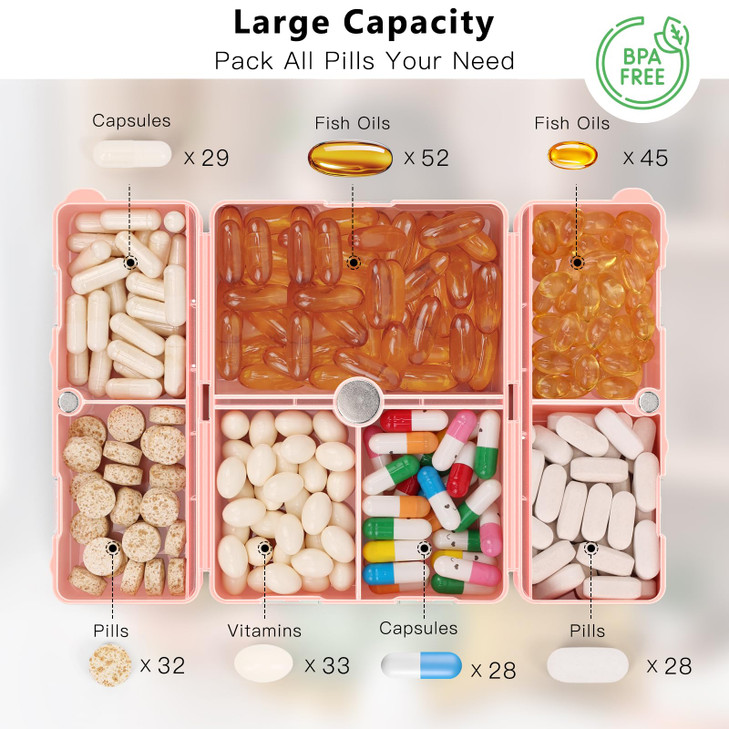 FYY Daily Pill Organizer,7 Compartments Portable Travel Pill Case [Folding Design] Pill Box for Purse Pocket to Hold Vitamins,Cod Liver Oil,Supplemen