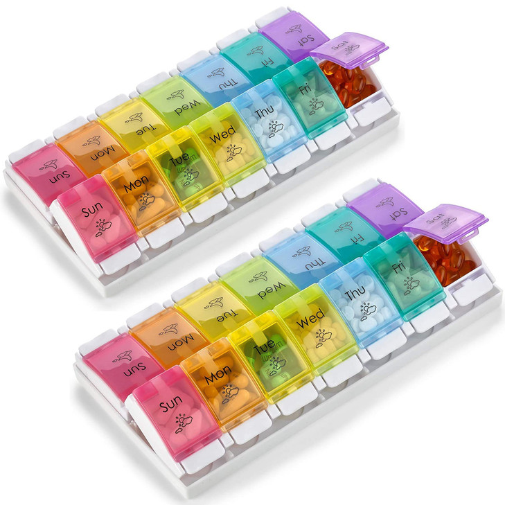 7 Day Pill Organizers - (Pack of 2) Easy Push Button Assisted Open, AM PM Daily Travel Pill Box Case Planner and Large Compartments for Medication Vi