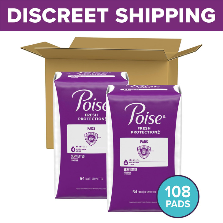Poise Incontinence & Postpartum Pads for Bladder Leaks, 4 Drop Moderate Absorbency, Long Length, 108 Count, Packaging May Vary