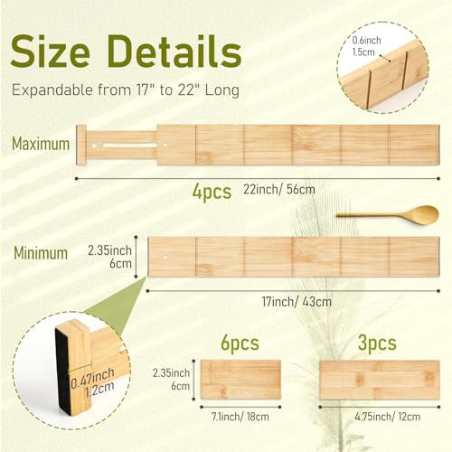 Whitmor Adjustable Bamboo Drawer Dividers, Expandable 17"-22" Drawer Organizer, Space-Saving, Non-Slip & Spring-Loaded Separators for Kitchen, Bedroo