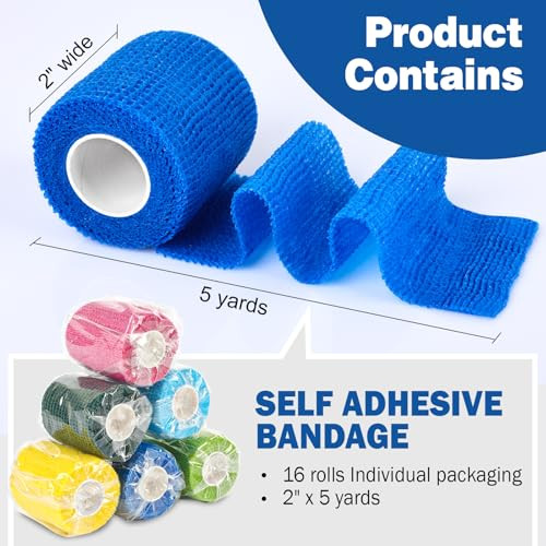 AZEN 16 Pack Self Adhesive Bandage Wrap, 2" X 5 Yards Elastic Cohesive Bandage Wrap, Color Athletic Tape, Vet Wrap, Ankle Tape