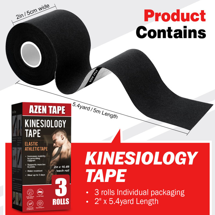 AZEN 3 Rolls Kinesiology Tape, 16.4 ft Waterproof Kinetic Tape for Joints Support and Muscle Pain Relief, Uncut Muscle Tape, Knee Tape, Athletic Tape