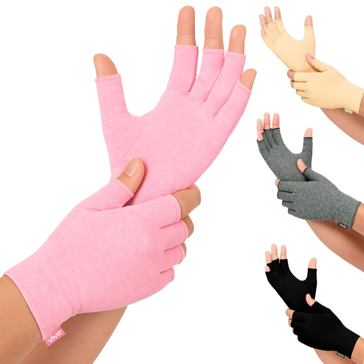 Vive Pink Arthritis Hand Compression Gloves - Comfortable Fit for Men and Women - Open Finger for Rheumatoid, Osteoarthritis and Computer Typing Pain
