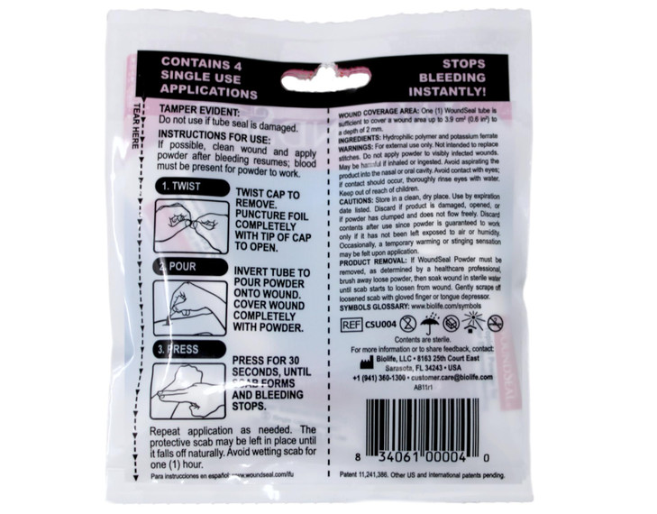 WoundSeal Topical Powder Wound Care First Aid for Cuts, Scrapes and Abrasions Single Use, 4 count (Packaging May Vary)