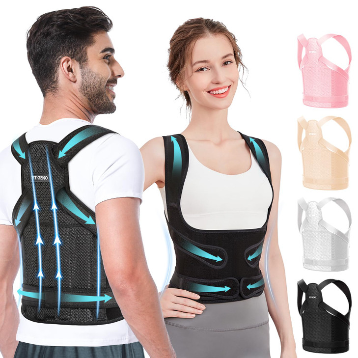 Fit Geno Back Brace Posture Corrector for Women and Men, Shoulder Straightener, Adjustable Full Back Support, Upper and Lower Back Pain Relief - Scol