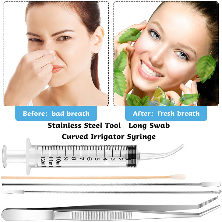 Nuanchu Tonsil Stone Removal Set Includes 2 Stainless Steel Tonsil Stone Removal Tools, 1 Stainless Steel Elbow Tweezers and 100 Long Swabs with 1 Cu