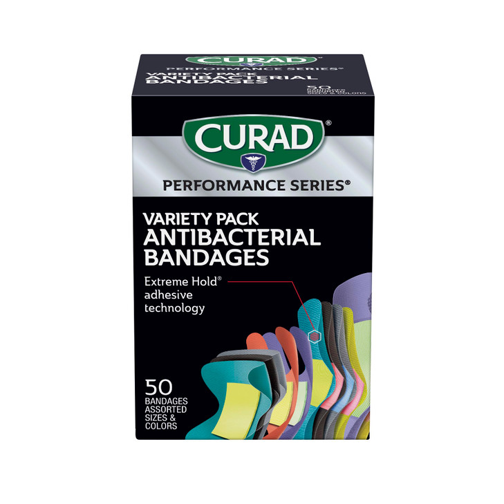 CURAD Performance Series Antibacterial Bandages, Extreme Hold Adhesive Technology, Finger & Knuckle Bandages, Flexible Fabric, Variety Pack with Asso