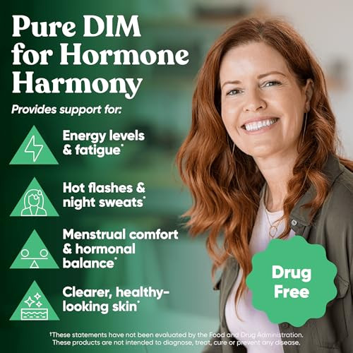 DIM Supplement Pure 200 Mg for Women or Men  Estrogen Hormone Balance Supplement for Energy, Fatigue, Stress, Menopause, Hot Flashes  Enhanced Bioa