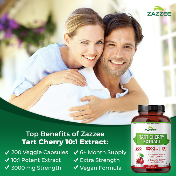 Zazzee Tart Cherry 10:1 Extract, 3000 mg Strength, 200 Vegan Capsules, 6+ Month Supply, Certified Kosher, Concentrated and Standardized 10X Extract,