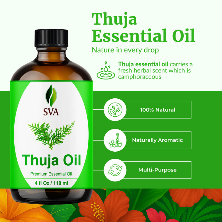SVA Thuja Essential Oil  4 Fl Oz  100% Natural Thuja Oil - for Diffuser, Hair Care, Face, Skin Care, Aromatherapy, Scalp and Body Massage, Soap and