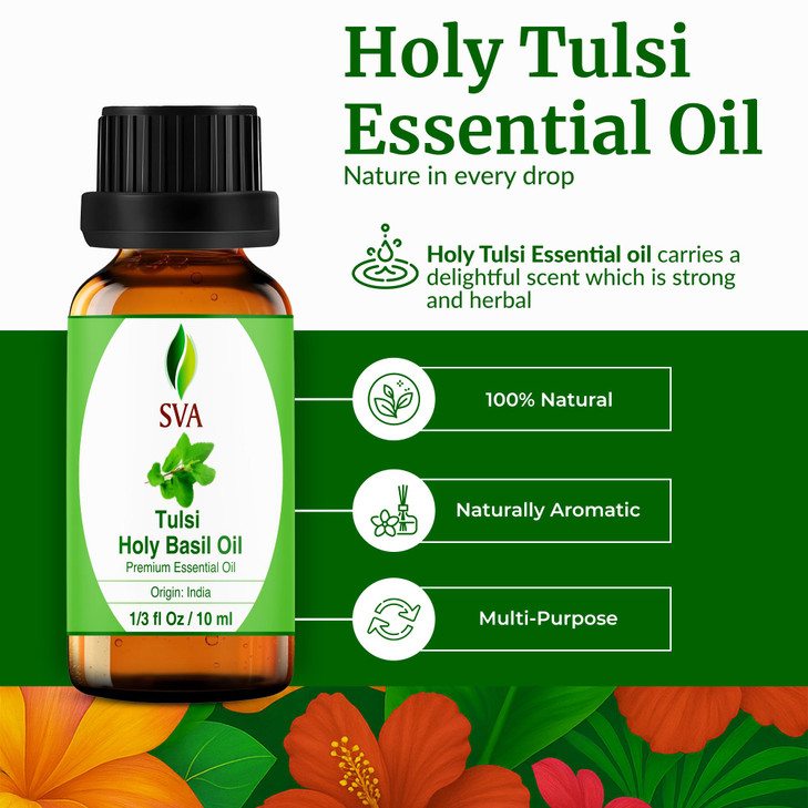 SVA Holy Tulsi Essential Oil  1/3 Fl Oz  100% Natural Tulsi Oil - for Diffuser, Hair Care, Face, Skin Care, Aromatherapy, Scalp and Body Massage, S