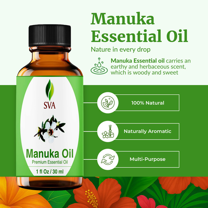 SVA Manuka Essential Oil  1 Fl Oz  100% Natural Manuka Oil - for Diffuser, Hair Care, Face, Skin Care, Aromatherapy, Scalp and Body Massage, Soap a