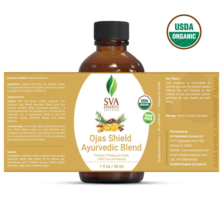 SVA Organics Ojas Shield Blend  1 Fl Oz  100% Natural Organic Oil - for Diffuser, Aromatherapy, Hair Care, Face, Skin Care and Body Massage