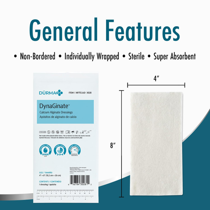 Dynarex DynaGinate Calcium Alginate Wound Dressing - Sterile, Non-Stick Topical Wound Pads - Absorbent Gel Patches for Moderate to High Exuding Cuts