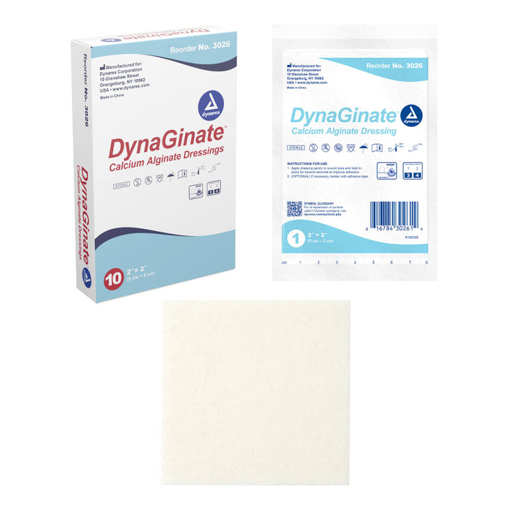 Dynarex DynaGinate Calcium Alginate Wound Dressing - Sterile, Non-Stick Topical Wound Pads - Absorbent Gel Patches For Moderate To High Exuding Cuts