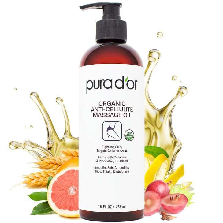 PURA DOR 16 Oz Organic Anti-Cellulite Massage Oil for Toned Legs and Butt - Lemon Peel, Moringa, Grape Seed, Grapefruit & Eucalyptus Oils - Skin Fir