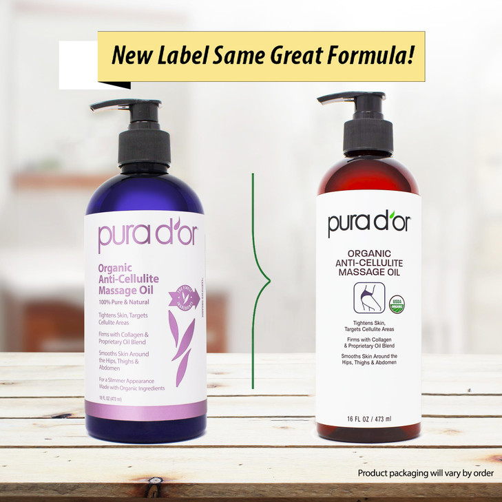 PURA DOR 16 Oz Organic Anti-Cellulite Massage Oil for Toned Legs and Butt - Lemon Peel, Moringa, Grape Seed, Grapefruit & Eucalyptus Oils - Skin Fir