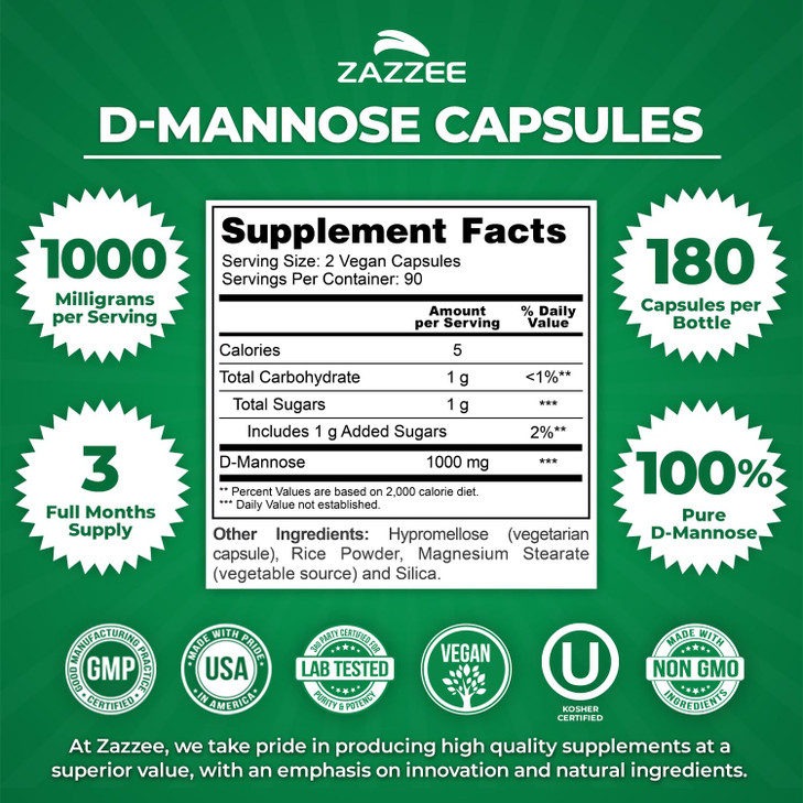 Zazzee D-Mannose, 1000 mg per Serving, 180 Vegan Capsules, 3 Month Supply, Potent & Fast-Acting, Certified Kosher, 100% Pure, All-Natural Urinary Tra