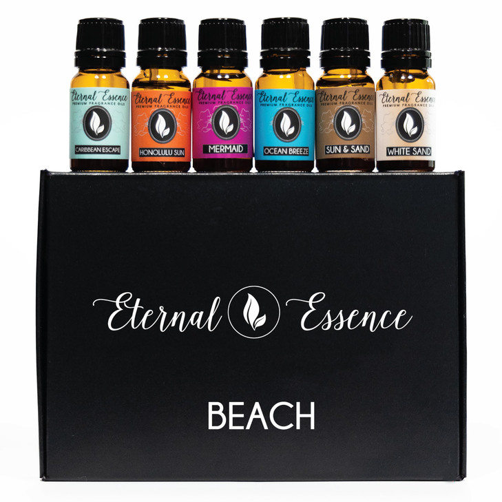 Eternal Essence Oils Beach Set of 6 Premium Fragrance Oils - Includes White Sand, Ocean Breeze, Honolulu Sun, Mermaid, Caribbean Escape, and Sun & Sa