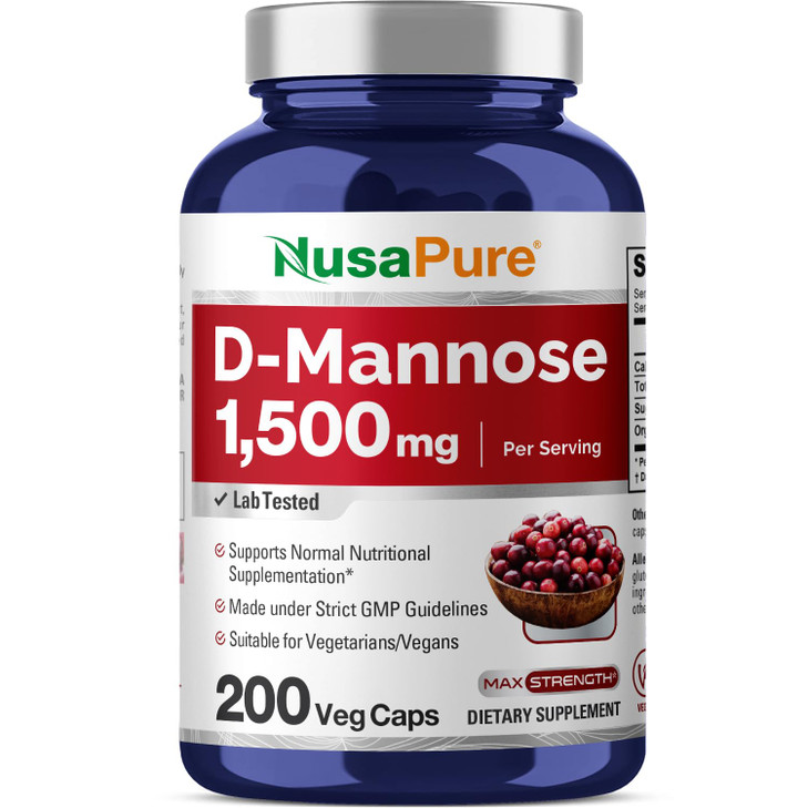 NusaPure D-Mannose 1500 mg per Serving - 200 Vegetarian Capsules (Organic, Non-GMO, Vegan)