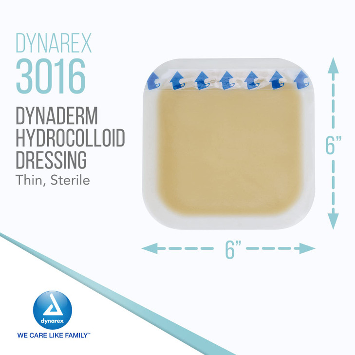 Dynarex DynaDerm Hydrocolloid Dressings, Sterile Moist Bandages Used for All Kinds of Wounds, 6" x 6", Thin & Latex-Free, Peel-Down Patches - 1 Box o