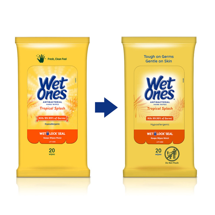 Wet Ones Antibacterial Hand Wipe, Travel Packs- Tropical Splash Scent, 20 Count (Pack of 10), 200 Wipes
