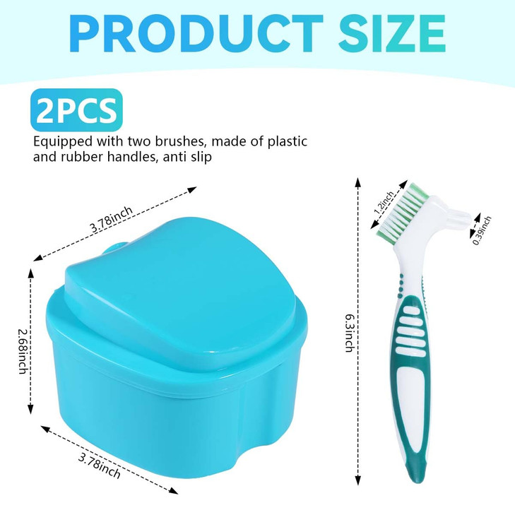 KISEER 2 Pack Denture Bath Case Cup Box Holder Storage Container with Denture Cleaner Brush Strainer Basket for Travel Cleaning (Light Blue and Blue)