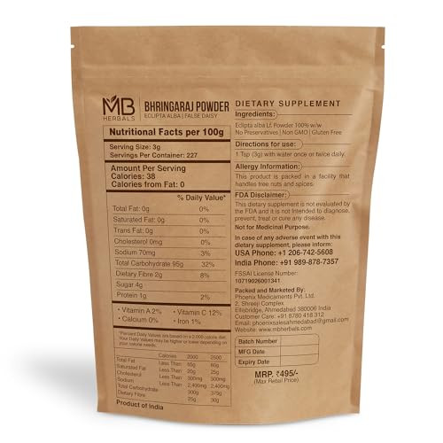 MB Herbals Pure Bhringraj Powder 1 Pound | 16 oz / 454 Gram | 100% Pure Bhringaraj Powder | Diet Supplement Eclipta alba for Hair Care | No Preservat