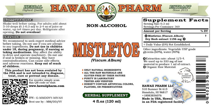 Mistletoe Alcohol-Free Liquid Extract, Organic Mistletoe (Viscum Album) Dried Herb Glycerite Natural Herbal Supplement, Hawaii Pharm, USA 2 oz