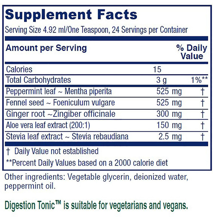 Vitanica Digestion Tonic, Gas and Bloating Relief Supplement, Organic, Improve Digestive Function & Gut Health, for Women & Men, Peppermint Oil Fenne