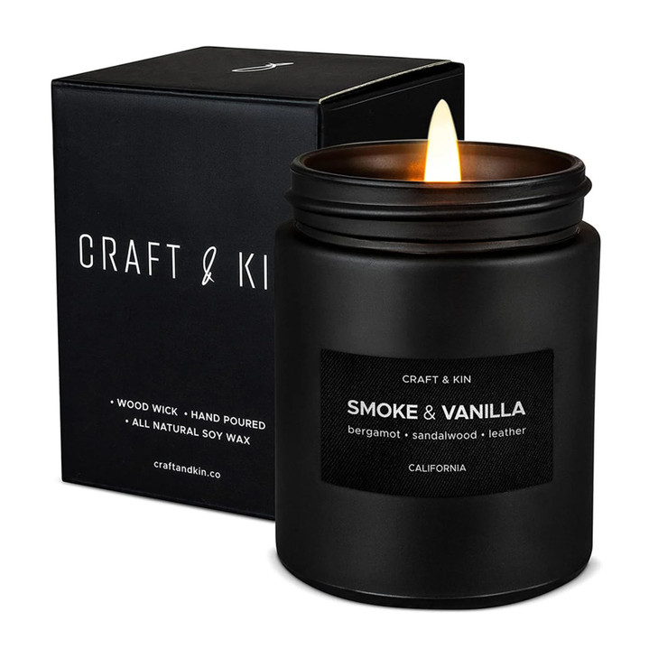 Craft & Kin Premium Smoke & Vanilla Candle | Black Scented Candles for Men | Long Lasting with 45 Hour Burn Time, 7.6oz | Soy Candle | Aromatherapy a