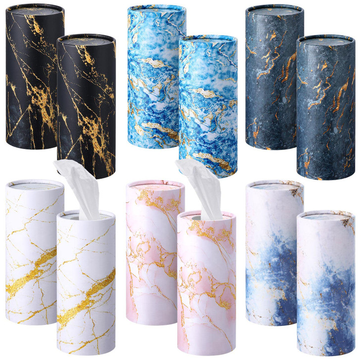 Cunhill 12 Pieces Cylinder Car Tissues Boxes Printed Car Napkins Round Disposable Tissues Boxes Travel Facial for Cup Holder(Marble Style)