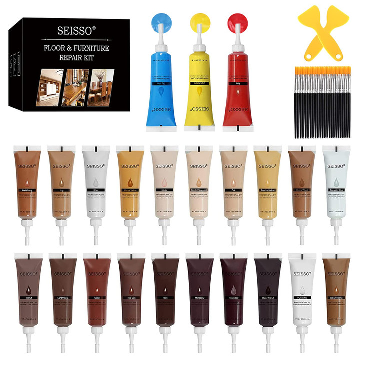 SEISSO Wood Furniture Repair Kit -Set of 50, 24 Colors Wood Touch up Fillers, Wood Repair Paint with Scraper and Brushes, Repair Scratches, Cracks, S