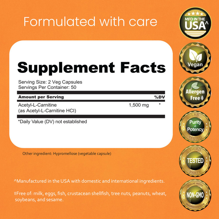 NaturaLife Labs Acetyl L-Carnitine (ALCAR) 1500 mg per Serving  100 Capsules  Non-GMO, Gluten-Free, Vegan