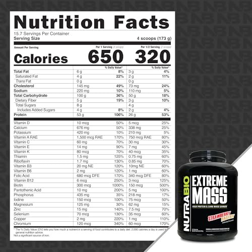 NutraBio Extreme Mass Gainer Protein Powder, 53G Protein, Clean Weight Gainer, Increase Muscle Mass, Full Spectrum Amino Acid - Strawberry Pastry, 6
