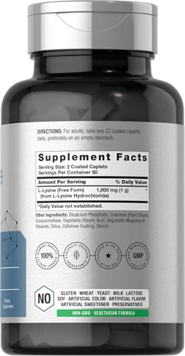 Horbäach L-Lysine 1000mg | 100 Coated Caplets | Free Form Dietary Supplement | Essential Amino Acid | Vegetarian, Non-GMO, and Gluten Free Formula
