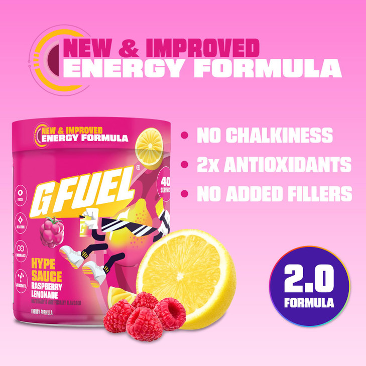 G Fuel Hype Sauce 2.0 Energy Drink Powder, Pre Workout Caffeine Mix for Gaming, Sugar Free Focus Amino, Vitamin + Antioxidants, 8.7oz (Raspberry Lemo